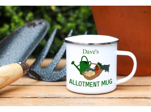white enamel allotment mug which can be personalised 